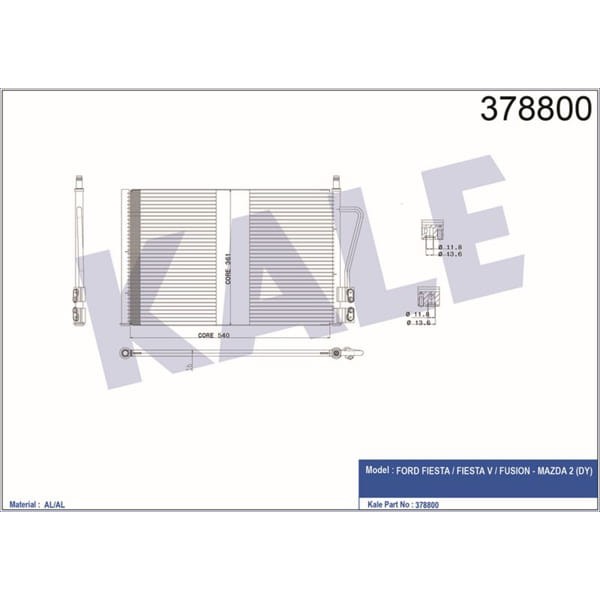 KALE OTO Radyatör 378800 Klima Radyatörü Fiesta V 01- Fusion 01- / Mazda 2 03- 580X361X16 