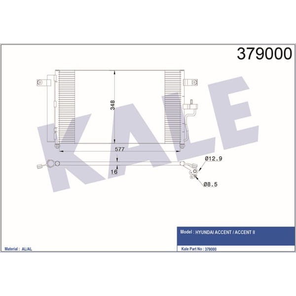 KALE OTO Radyatör 379000 Klima Radyatörü Accent Accent II Al Al 597X360X16