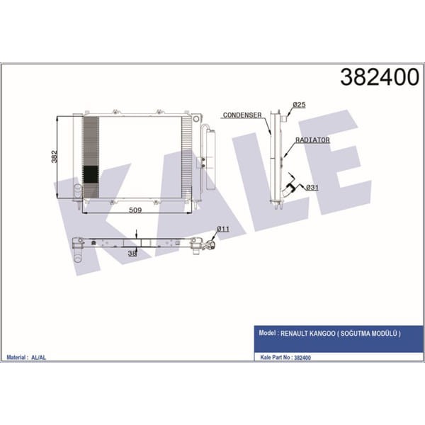 KALE OTO Radyatör 382400 Su Radyatörü Soğutma Modülü Kangoo 03- 1.2 16V 1.5 DCI 1.9 DCI Ac 595X377X4 