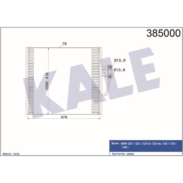 KALE OTO Radyatör 385000 Klima Radyatörü Bmw 5 E36 E39 95- 478X418X16 