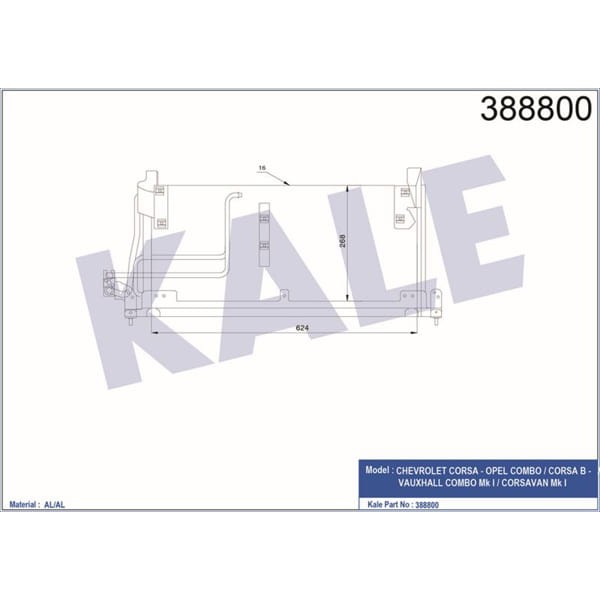 KALE OTO Radyatör 388800 Klima Radyatörü Corsa B 93-00 Combo 93-00 / Celta 07- Prısma 07- 641X268X16 