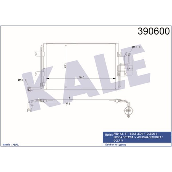 KALE OTO Radyatör 390600 Klima Radyatörü Golf V 03- Golf VI 08- Eos 06- Jetta III 05- Scırocco 08- C 