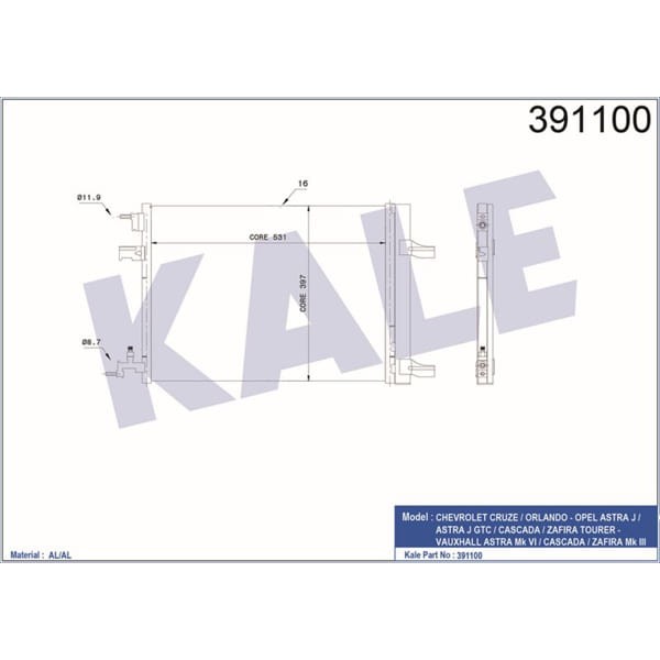 KALE OTO Radyatör 391100 Klima Radyatörü Astra J 09- 1.4 1.6 16V 1.7 Cdtı Zafira C 11- 1.8 16V Casca