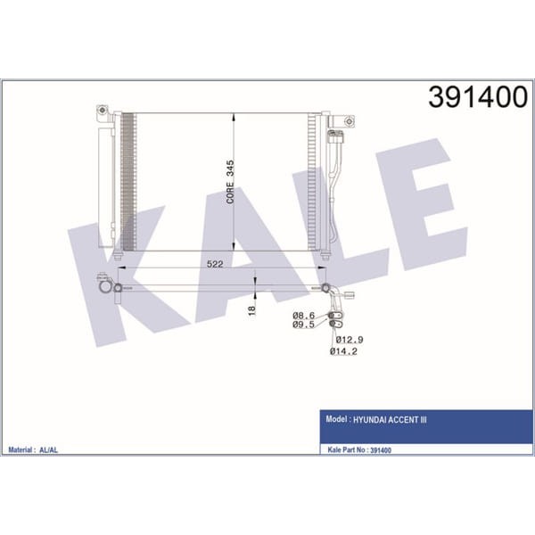 KALE OTO Radyatör 391400 Klima Radyatörü Accent Accent III Era 06- Al Al 580X350X18 