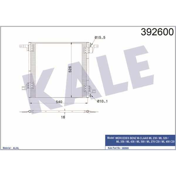 KALE OTO Radyatör 392600 Klima Radyatörü Mercedes W163 98- Ml230 Ml270Cdı Ml320 Ml350 Ml400Cdı Ml430