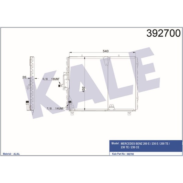 KALE OTO Radyatör 392700 Klima Radyatörü Mercedes W124 85-93 538X435X26 