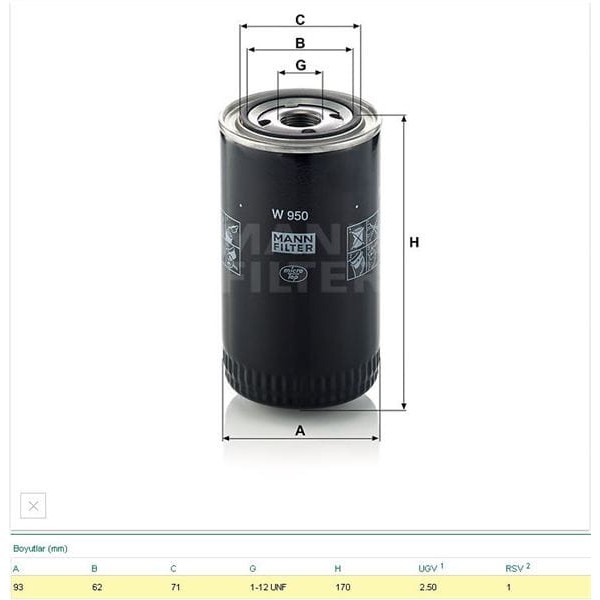 MANN W950 Yağ Filtresi Daf F Serisi