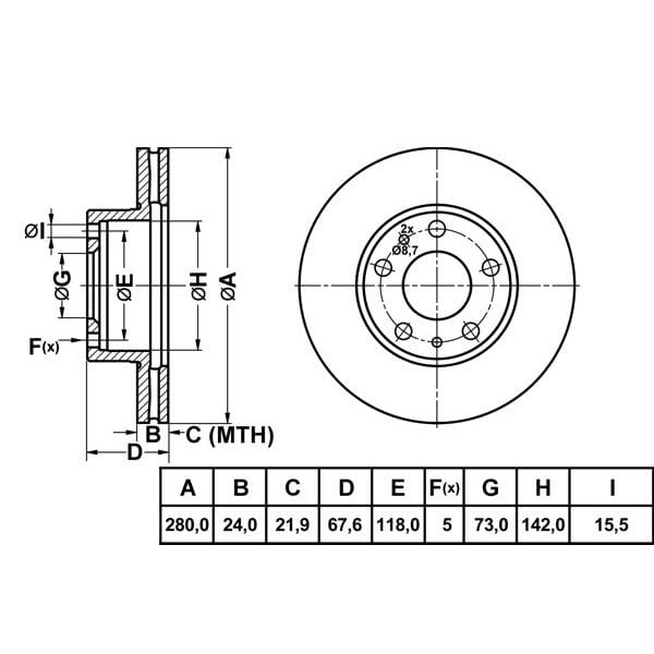 MGA 50142 Fren Diski Ön 14Q Ducato 94-16 / Boxer 94-16 / Jumper 94-16 Havalı 280Mm