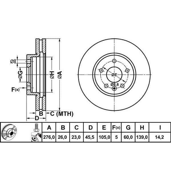 MGA 50196 Fren Diski Ön Astra J 09- / Aveo T300 11- Cruze J300 09- 15 Jant Havalı 276Mm