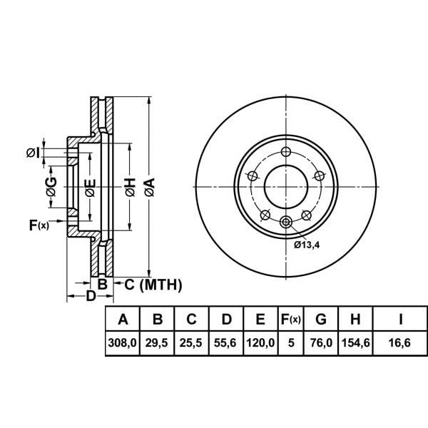 MGA 50199 Fren Diski Ön Touareg 7L 02- Transporter T5 03- Transporter T6 15- 16 Jant Havalı 308Mm
