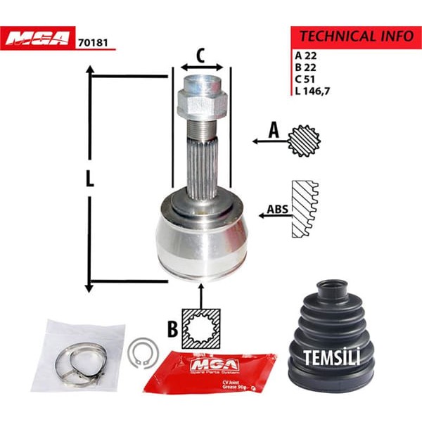 MGA 70181 Aks Kafası Dış Doblo 01- 1.2 8V 1.9D 22×22×51