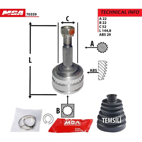 MGA 70359 Aks Kafası Dış Absli Astra F 95-98 Vectra B 95- 1.6 16V 22×22×52