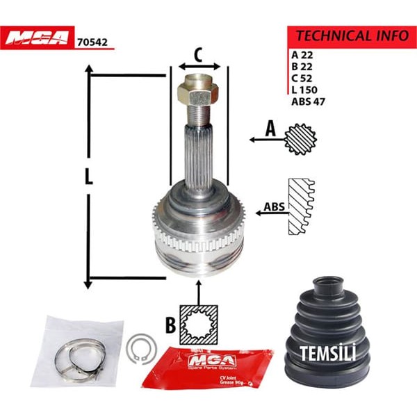 MGA 70542 Aks Kafası Dış Absli Aveo 04-10 Kalos 02-10 Kalos 1.4 16V 1.4 8V 22×22×52Xabs-47