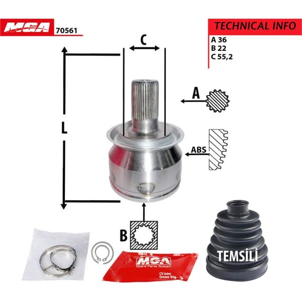 MGA 70561 Aks Kafası Dış Mazda 3 03-10 1.6 16V 36×22×55,2 