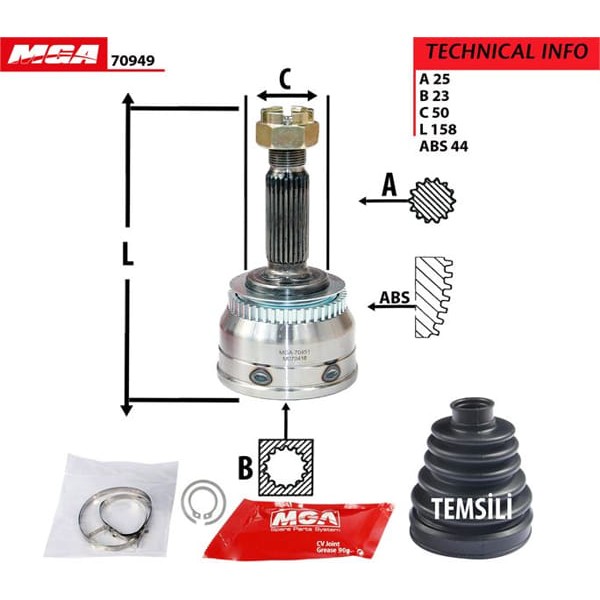 MGA 70949 Aks Kafası Dış Absli 44D Accent Admire 03-06 Getz 03- Elantra 1.5 CRDI 3Cyl 25×23×50-Abs-4 