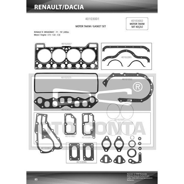 OTO CONTA 40103001 Motor Takım Conta Renault 9 Benzinli 