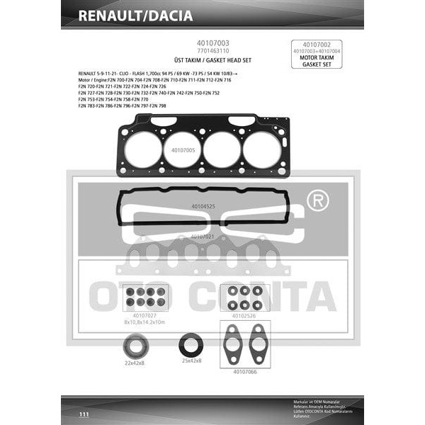 OTO CONTA 40107003 Motor Takım Conta Üst Renault 9 D R11 Flash R21 Manager 1.7 8V F2N Keçelı Skc Lı