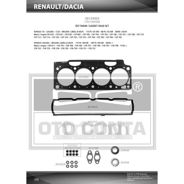 OTO CONTA 40134003 Motor Takım Conta Üst R19 Megane I Laguna I Scenic 16V 2.0 8V F3R 2.0 16V F4R 1.8