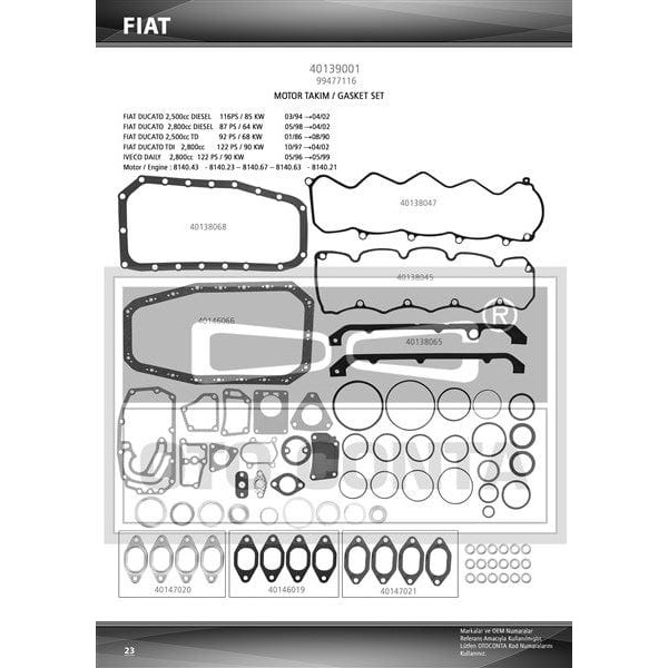 OTO CONTA 40139001 Motor Takım Conta Üst Ducato / Master II / Boxer / Jumper / Movano 2.8 TDI 2.8 Td 