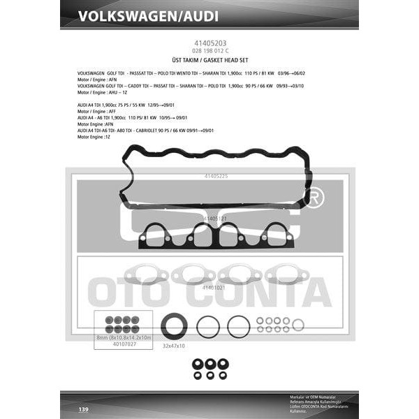 OTO CONTA 41405203 Motor Takım Conta Üst Golf III Passat Vento / 80 1.9 TDI Keçelı Silindir Kapak Co