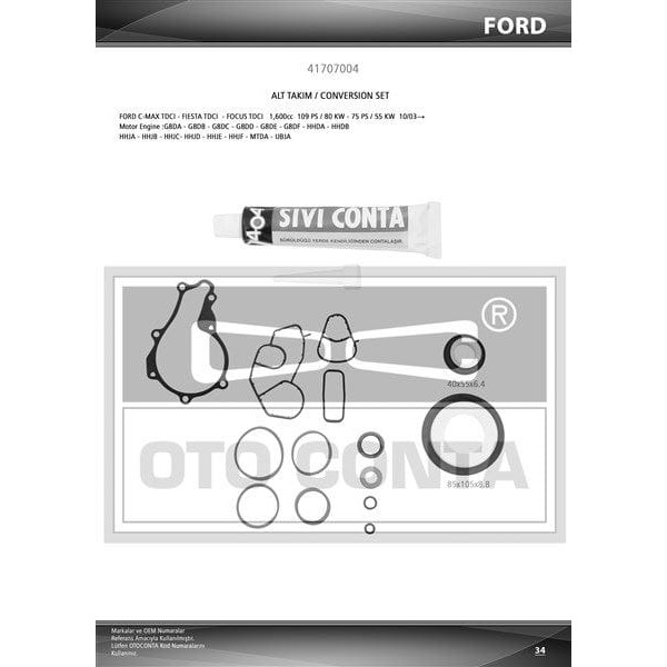 OTO CONTA 41707004 Motor Takım Conta Alt 106 107 206 207 307 Bipper Partner / C1 C2 C3 Nemo / Fiesta 