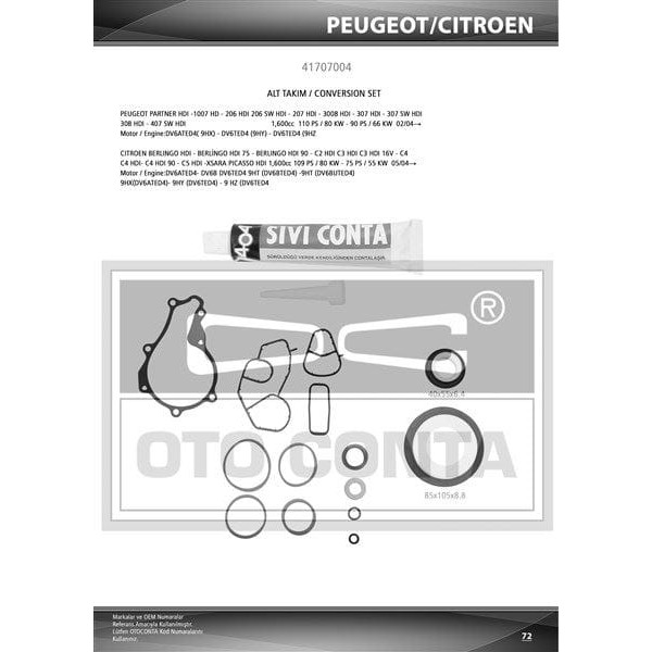 OTO CONTA 41707004S Motor Takım Conta Alt Partner Berlingo 206 207 Fiesta 1.6HDI 16V Dv6Ated4-Dv6B S