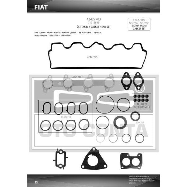 OTO CONTA 42427703 Motor Takım Conta Üst Palio Doblo Punto 1.9D Sktlı Silindir Kapaksız 83Mm