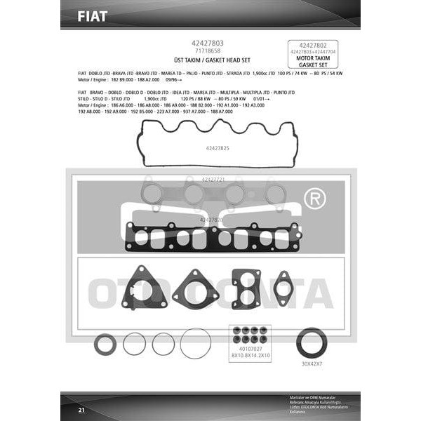 OTO CONTA 42427803 Motor Takım Conta Üst Palio Doblo Marea Brava / Astra H Vectra C Zafira Sıgnum 1.