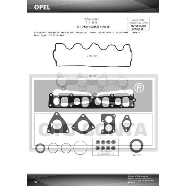 OTO CONTA 42427803S Motor Takım Conta Üst Doblo Astra H Vectra C Zafira 1.9 Jtd Skt Keçelı - Silindi