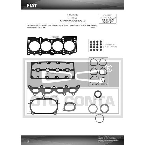 OTO CONTA 42427903 Motor Takım Conta Üst Palio Albea Linea Doblo Fiorino Punto Grande Punto 07-10 1.