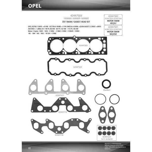 OTO CONTA 42447503 Motor Takım Conta Üst Astra F Vectra A 1.8 C18Nz Keçelı