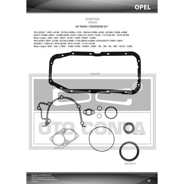 OTO CONTA 42447504 Motor Takım Conta Alt Astra F 91-98 Vectra A 95- 1.8 2.0 8V C20Ne C18Nz Keçelı