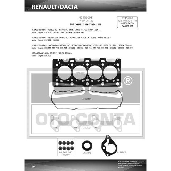 OTO CONTA 42457003 Motor Takım Conta Üst CLIO II III Kangoo Megane II Scenic II Modus Fluence 1.5 DC