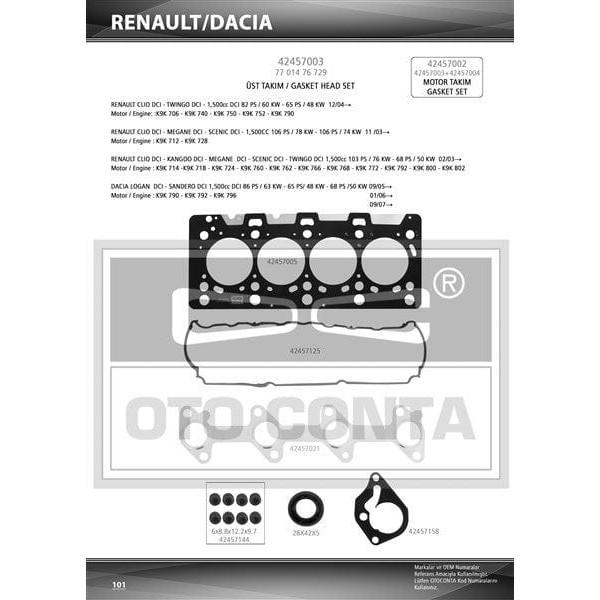 OTO CONTA 42457003S Motor Takım Conta Üst CLIO Kangoo Megane Logan Sandero 1.5DCI K9K 712-714-718-72