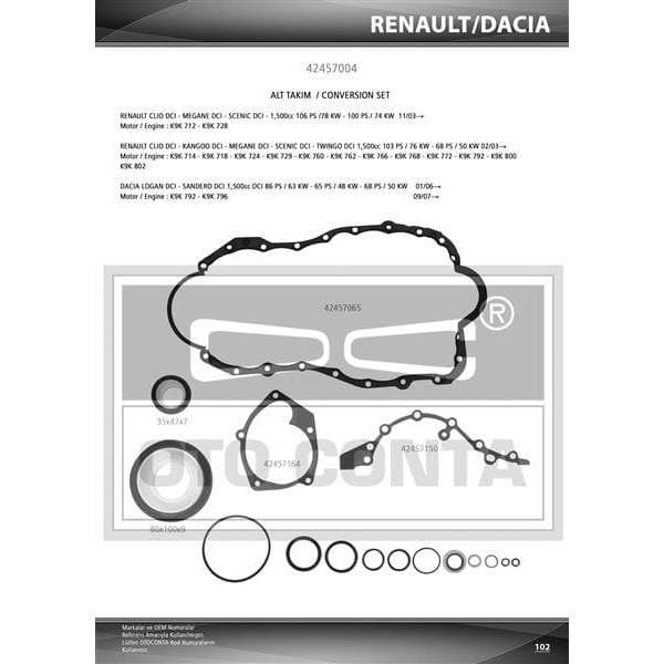 OTO CONTA 42457004S Motor Takım Conta Alt CLIO Kangoo Megane Logan Sandero 1.5DCI K9K Skt Keçelı - M 