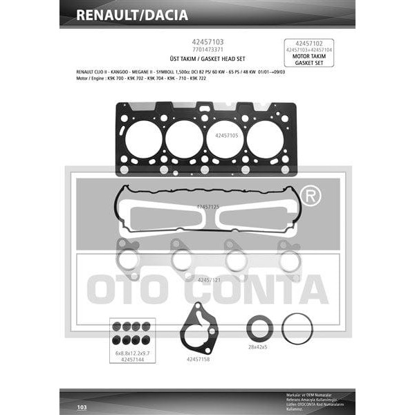 OTO CONTA 42457103 Motor Takım Conta Üst CLIO II III Kangoo Megane II Scenic II Modus Fluence 1.5 DC