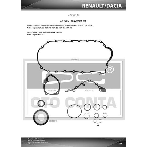 OTO CONTA 42457104 Motor Takım Conta Alt CLIO II Kangoo Megane II 1.5 DCI 700-702-704-710-722 Skt Ke