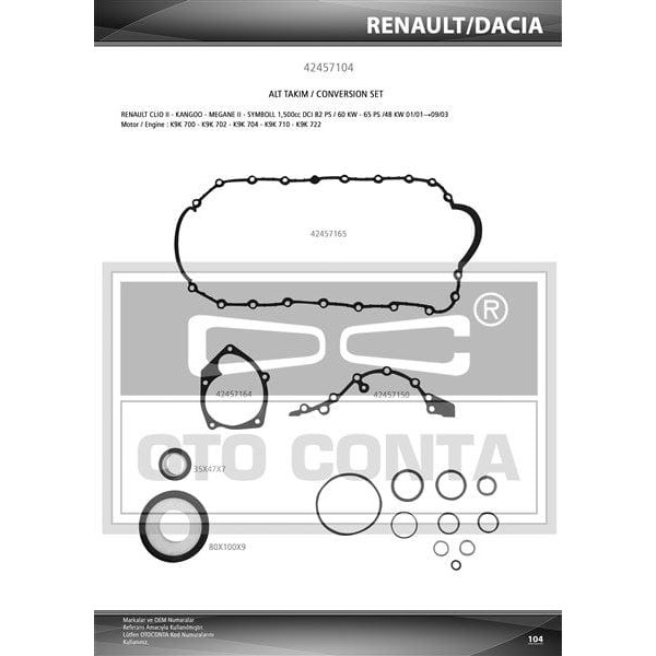 OTO CONTA 42457104S Motor Takım Conta Alt Kangoo CLIO Megane II Logan 1.5DCI K9K Skt Keçelı