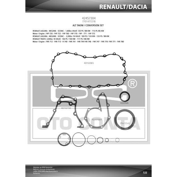 OTO CONTA 42457304 Motor Takım Conta Alt Renault 9 D R11 Flash R19 R21 Manager Express Megane I Lagu 