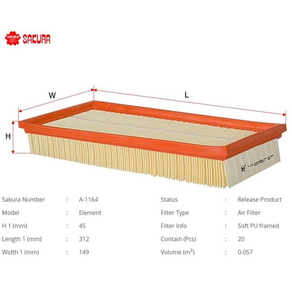 SAKURA A1164 Hava Filtresi Avensis (T22) : Carına E (T19) 2.0 94-97 97-02 1.8:2.0 