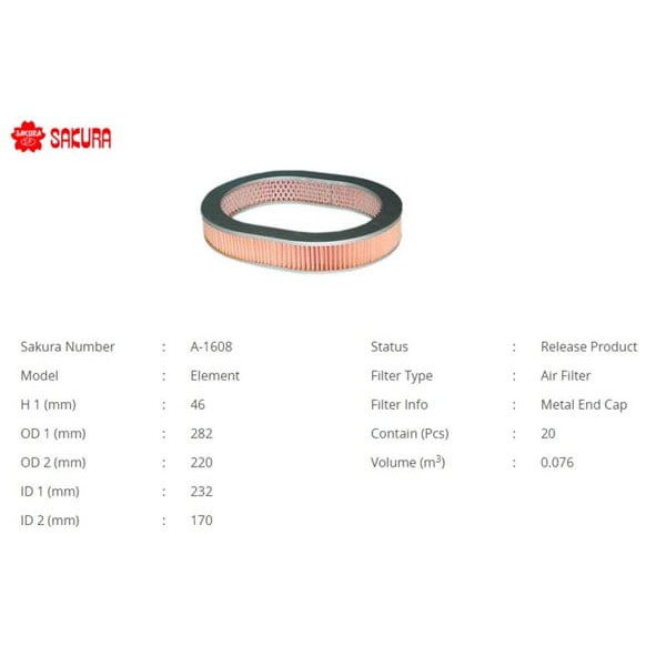 SAKURA A1608 Hava Filtresi Civic 92-95 Karbüratörlü 