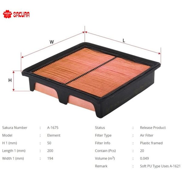 SAKURA A1675 Hava Filtresi Civic 1,6 1996 - 2000 Civic 1988 - 1991 Cr-V 2,0 1997 - 2002 Hr-V 1,6 199 