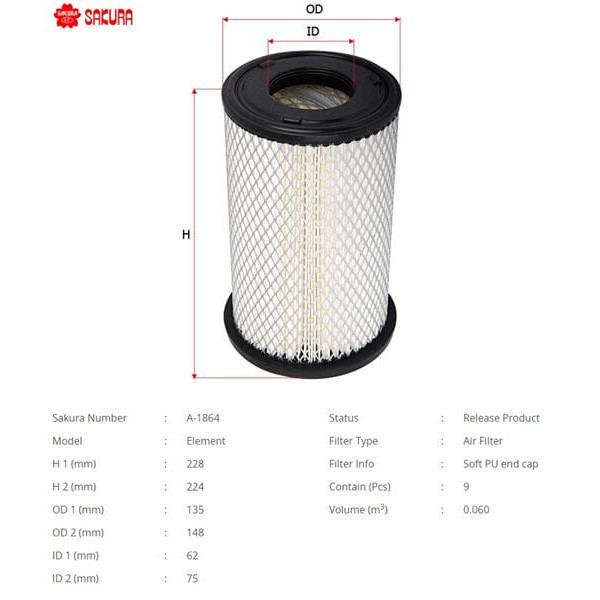 SAKURA A1864 Hava Filtresi Pıck-Up (D22) : Np300 (D22) 11-15 02-15 2.5 DCI 