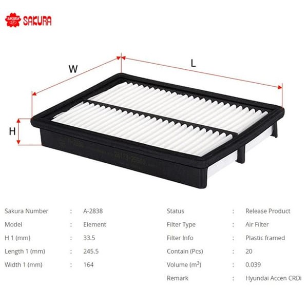 SAKURA A2838 Hava Filtresi Accent 1.5 CRDI 03-05 3 Silindir