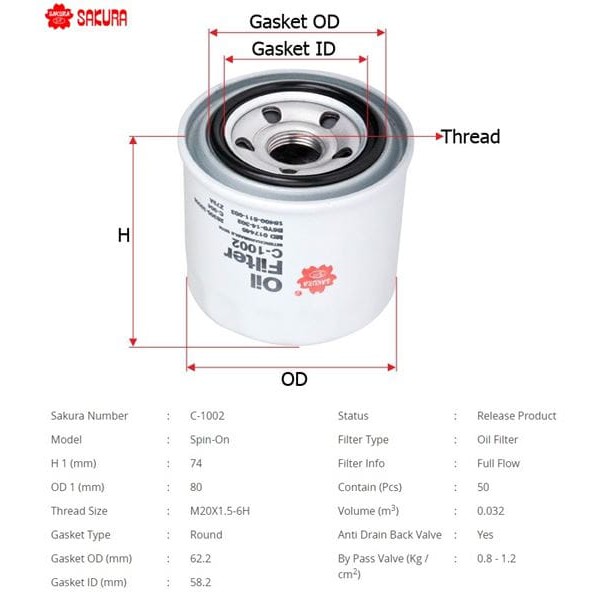 SAKURA C1002 Yağ Filtresi 1.3 1.4 1.5 1.6 