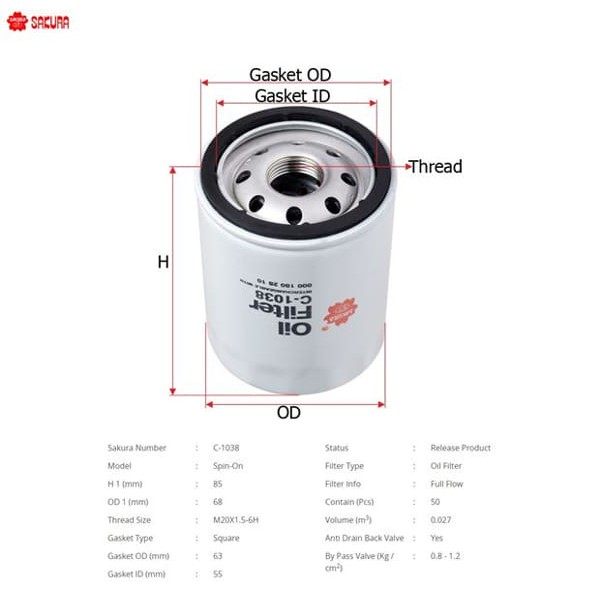 SAKURA C1038 Yağ Filtresi Colt 05-09