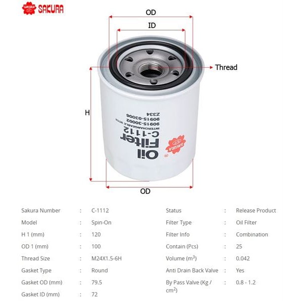 SAKURA C1112 Yağ Filtresi Hilux 3L 2.7 Hıace 94- 