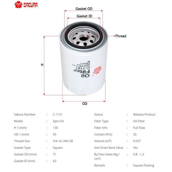 SAKURA C1121 Yağ Filtresi Hilux (Ln56	 Ln65	 Ln85	 Ln106	 Ln145) : Hıace (H1) 2.4 D 90-00 84-05 2.4 