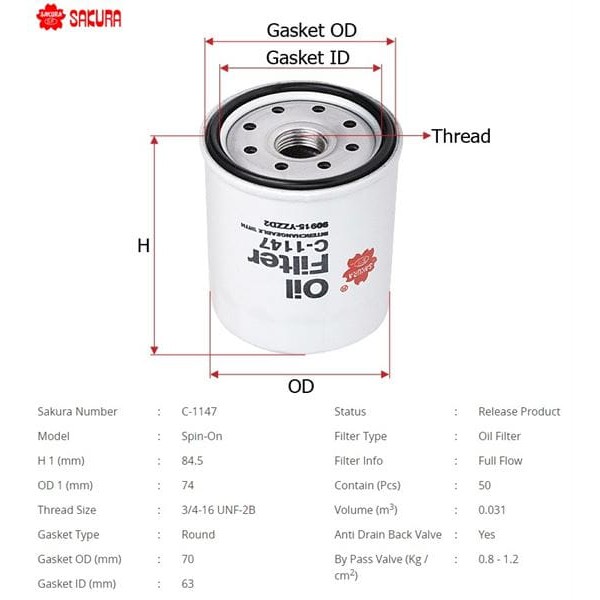 SAKURA C1147 Yağ Filtresi Favorıt Felıcıa Corolla 04-10 Auris 07-10 1.4 D4D 