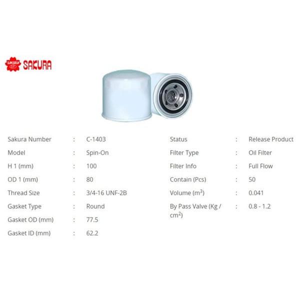 SAKURA C1403 Yağ Filtresi Sx4 06- Swift 05- Grand Vitara 98-03 Jımny 01- 